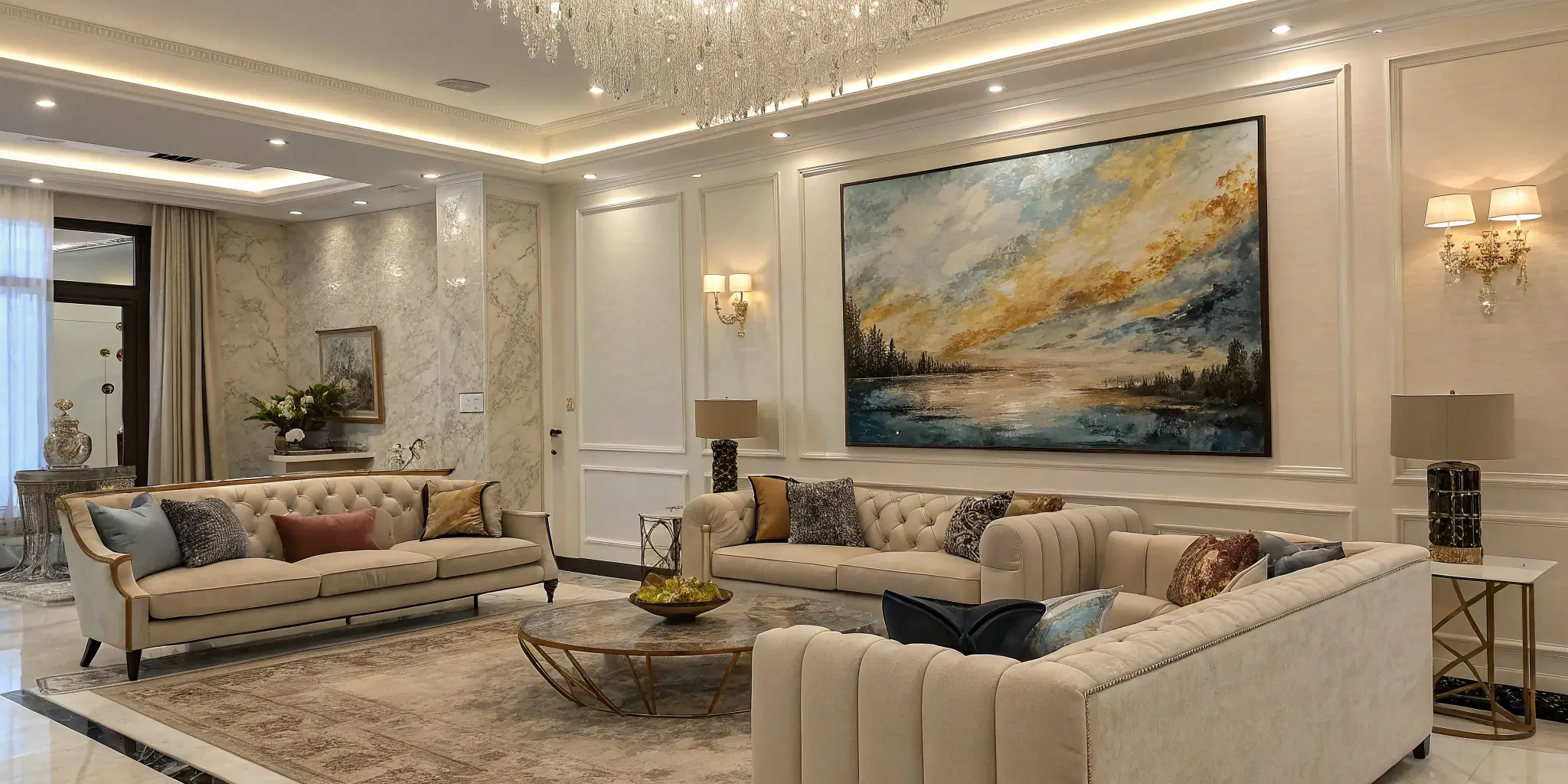 tableau mural moderne abstrait salon luxueux décoration intérieure élégante